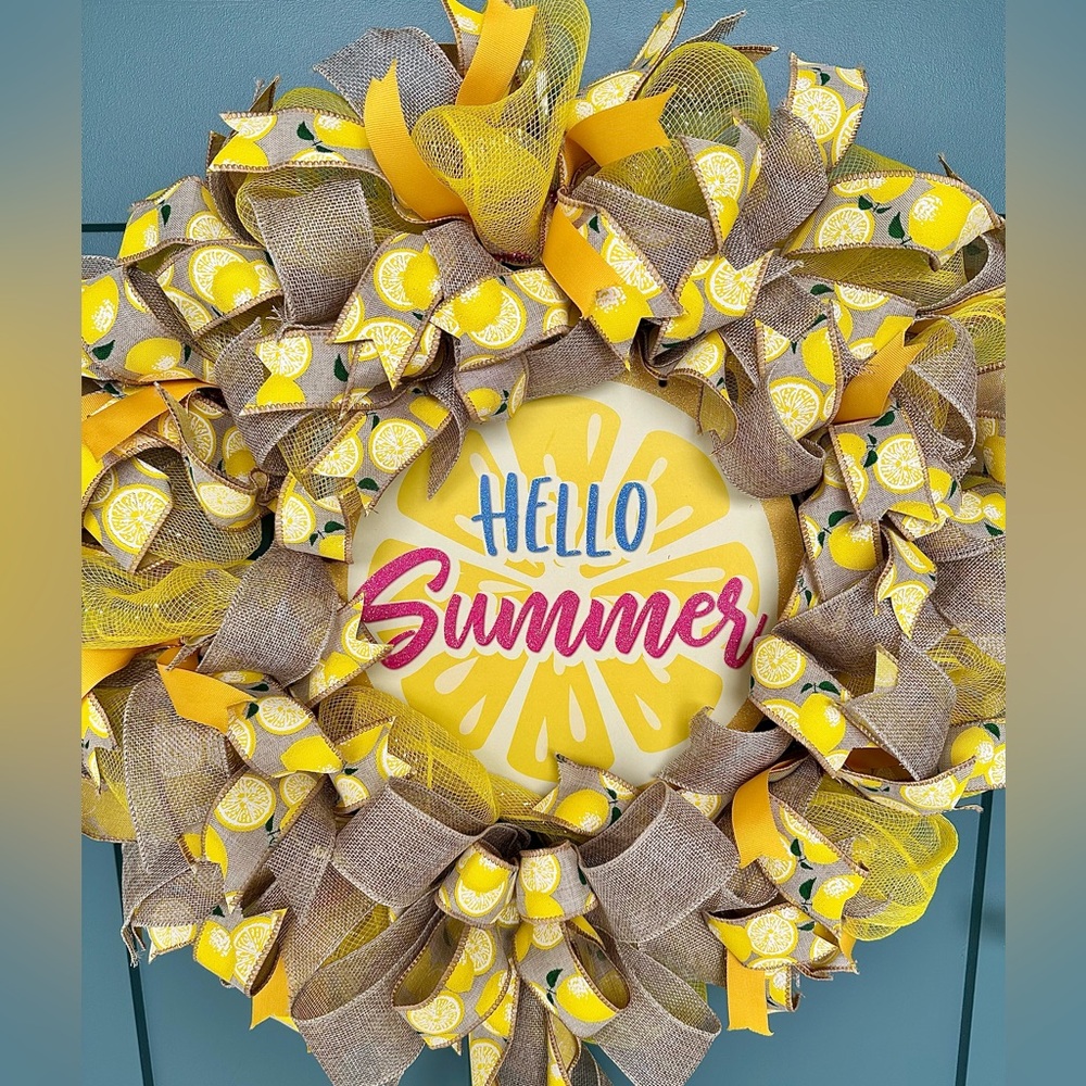 Hello Summer Lemon Wreath — Handmade Deco Mesh Burlap Front Door Decor 26”